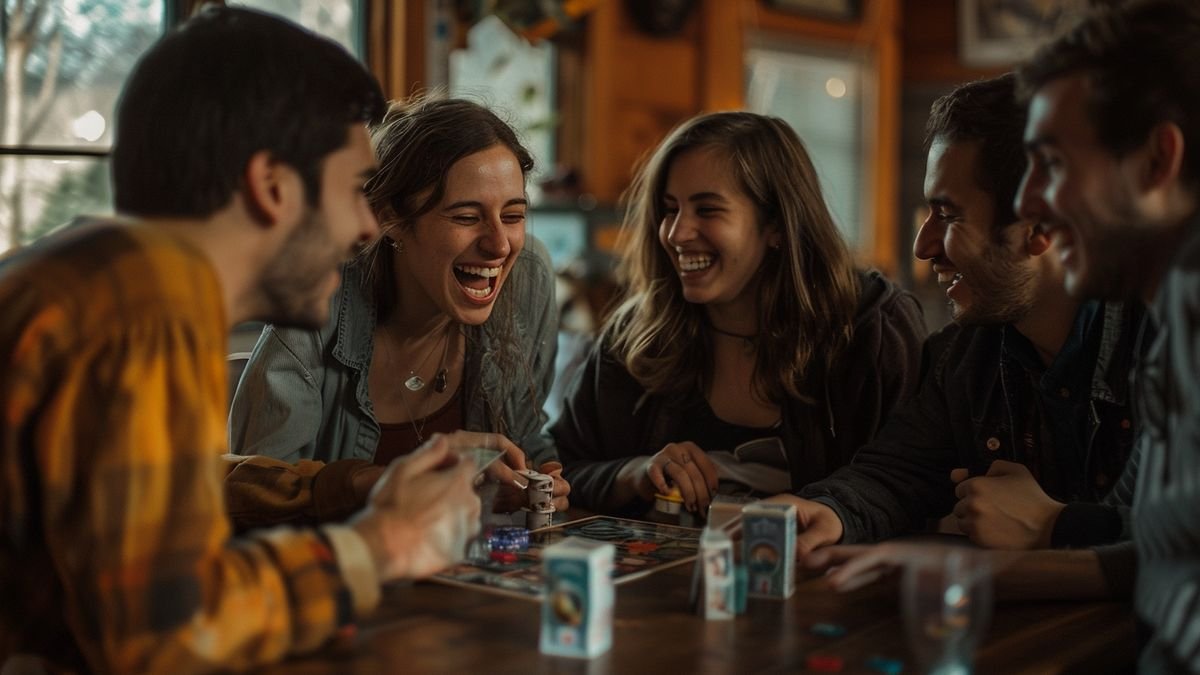 Group of friends laughing and discussing moves while playing Wonders.