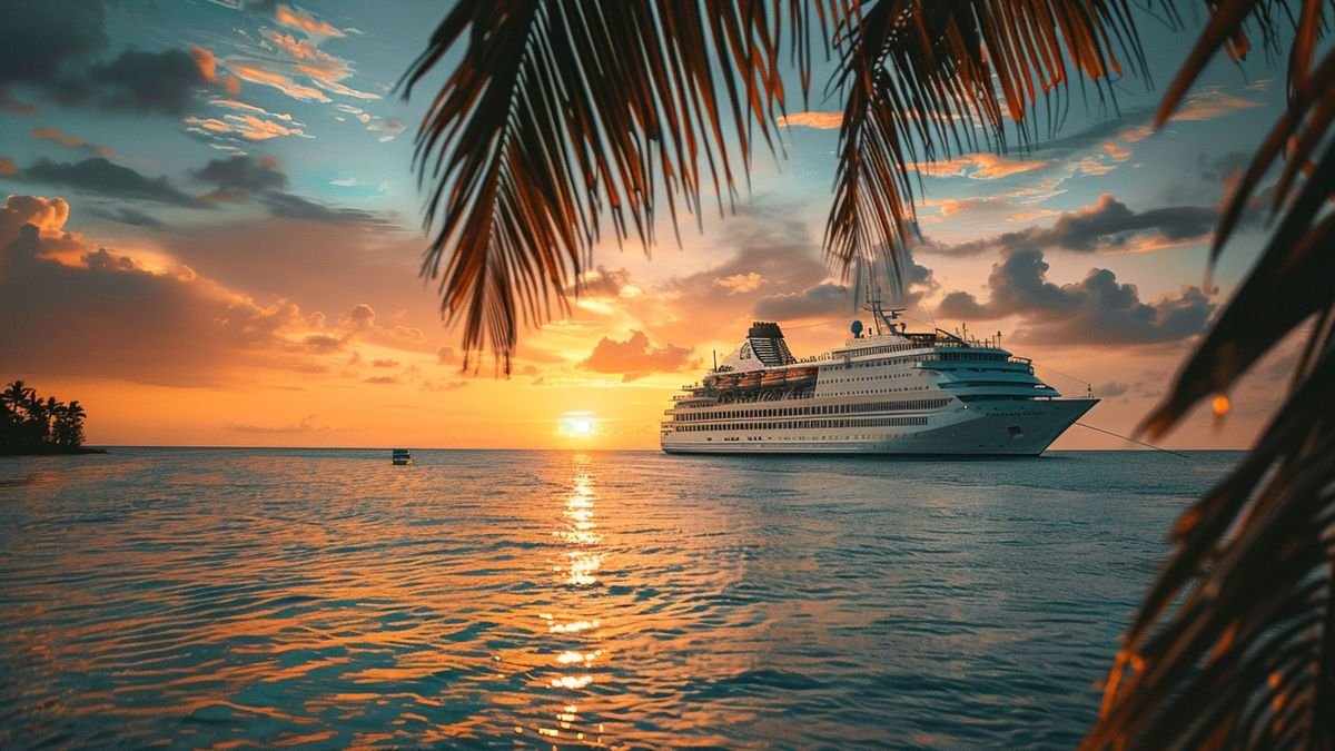 Luxurious cruise ship sailing past a tropical island at sunset.