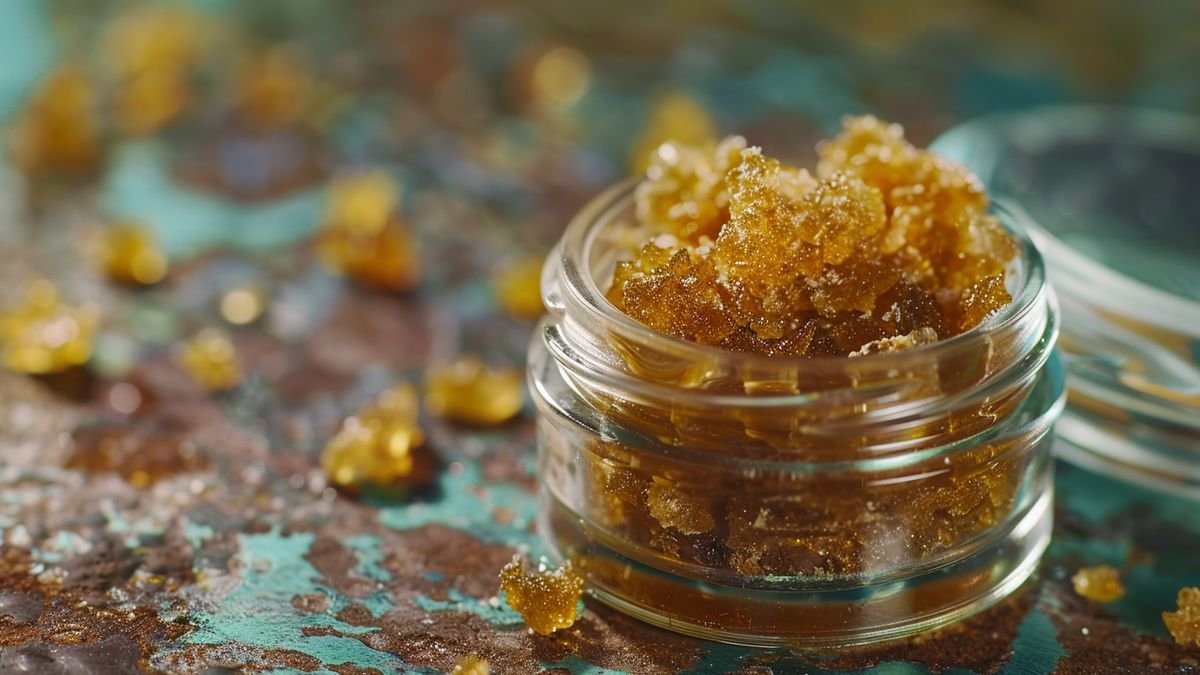 Closeup of CBD resin in a small glass jar, lid slightly open.